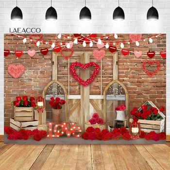 Laeacco Kaimiškas Raudonų Plytų Sienos Rose Romantiškos Meilės Širdis Vainikas Fone Vestuves Baby Shower Portretinės Fotografijos Fonas