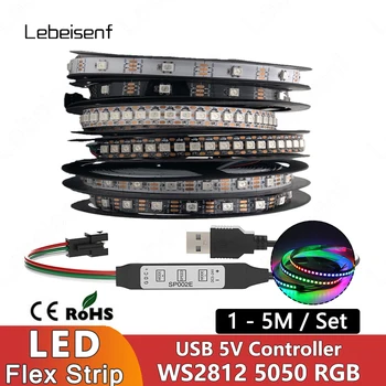 USB 5V Mini LED Signalo Reguliatorius su RGB 5050 WS2812B IC 1M 2M 3M 4M 5M 30 arba 60 Led/M Full Lankstus Pikselių Šviesos Juostelės