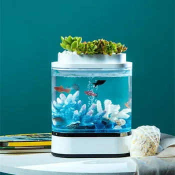 Mini Desktop Aquarium Starter Kit Su USB Oro Siurblys LED Šviesos Žuvų Bakas Filtravimo Sistema Betta Žuvų Namų Dekoro аксессуары