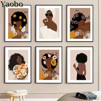 Abstraktus Gėlių Drugelis Juoda Afro Mergina 