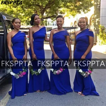 Ilgai Royal Blue Afrikos Bridesmaid, Chalatai Vieną Petį Grindų Ilgis Plius Dydis Juoda Moterų Vestuvių Svečių Tarnaitė Garbės Chalatai