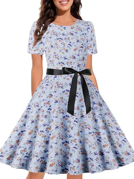 Moterų Derliaus 50s 60s Rockabilly Office Suknelės Vasaros Pinup Gėlių Spausdinti Retro Hepburn Swing Suknelė Vestidos Elegantiškas Šalis Suknelė
