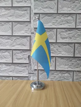 Švedija Biuro stalas stalas vėliava su aukso arba sidabro spalvos metalo stiebo pagrindo 14*21cm šalies vėliava, nemokamas pristatymas NE.0059