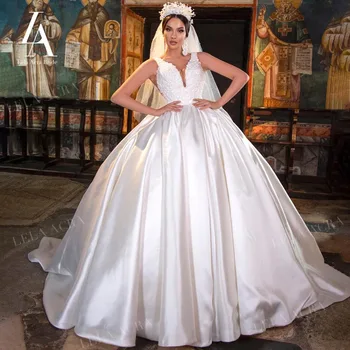 LelaAcra Satino Rankovių Vestuvių Suknelė iki 2022 m. Zawalcowany Prašmatnus V-kaklo Teismas Traukinio Princesė Nuotaka Suknelė SF13 Plius Dydis Vestido de Noiva