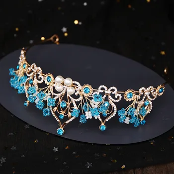 Naujas Princess Crown Baroko Perlas Mėlyna Kristalų Nuotakos Diadem Vestuvių tiara Vinjetė Plaukų Papuošalai, Vestuvių Plaukų Aksesuarai