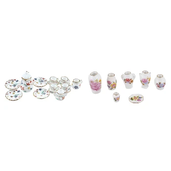 2 Nustatykite Dollhosue Miniatiūriniai Priedai: 1 Set Indai Porceliano Arbatos Rinkinys Ir 1 Rinkinys Keramikos Kinijos Porceliano Rose Vaza