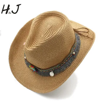 Moterų, Vyrų, Vasaros Šiaudų Vakarų Kaubojaus Skrybėlę Su Roll Iki Plataus Kraštų Džiazo Skrybėlę Tėtis Kutas Sombrero Paplūdimys Saulės skrybėlę