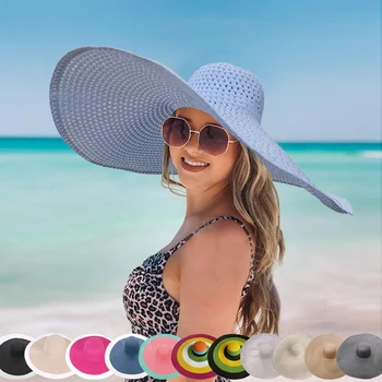 Naujas 25cm Pločio Kraštų Negabaritinių Paplūdimys Skrybėlės Moterims Floppy Sulankstomas Šiaudų Skrybėlę Mados Uv Panama Kepurė Lauko Nešiojamas Saulės Skydelis Kepurės