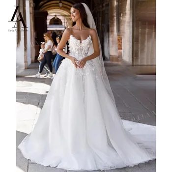 LelaAcra 3D Gėlės Vestuvių Suknelė 2023 Brangioji Blizga Rankovių-Line Teismas Traukinio Princesė Nuotaka Chalatai OM48 Vestido de Noiva