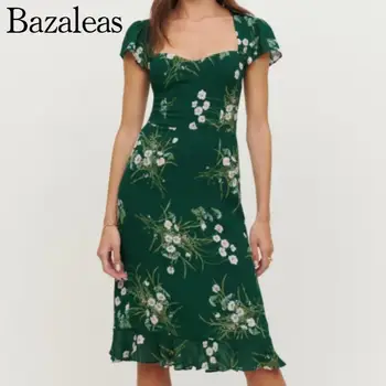 2023 elegantiškas moterų suknelės Atsitiktinis pynimas MIDI vasaros suknelė Seksualus Backless žalia gėlių spausdinti Ponios suknelės, šaliai