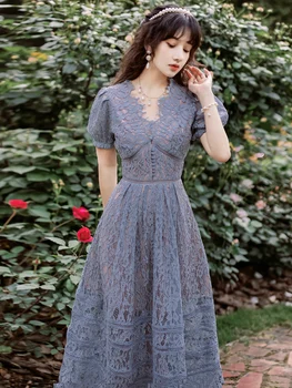 Moterų Nėriniai Midi Suknelė prancūzų romantikų Pasakos, Cut-Out Ponios Suknelė Išskirtinį Burbulas Rankovėmis Chic Elegantiška Vintage Suknelė Vasaros, Nauja