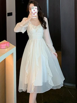 Pavasario Baltos Spalvos Šifono Ilgomis Rankovėmis Aikštės Apykaklės Midi Suknelė Moterims Boho Mados Prabangių Suknelė 2023 Korėjos Elegantiškas Šokis Šalis Suknelė
