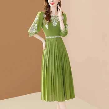 Išsiuvinėti plisuotos šifono suknelė moterims vasaros 2023 naujas stilius lieknėjimo slim vidutinio ilgio suknelė