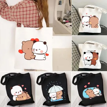 Mielas Kawaii Panda Bear Shopper Canvas Tote Maišą Šokoladinių Lokys Bubu Dudu Puikus Pora Anime Harajuku Sulankstomas Pirkinių Krepšys, Rankinė