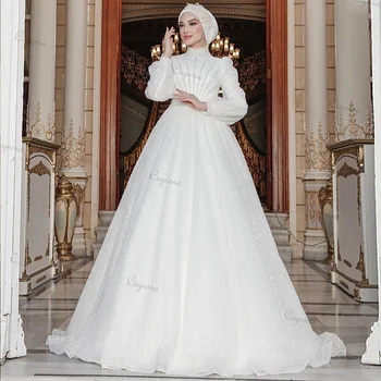 Ciynsia Blizgučiai China Dubajus Prabangių Vestuvių Suknelė su Rankovėmis arabų Balta Musulmonišką Hidžabą Nuotakos Suknelės Moterims Madingas